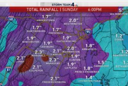 The total rainfall expected by the end of Sunday. (Courtesy NBC Washington) 