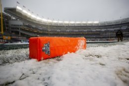 NEW YORK, NY - DECEMBER 29:  A goal marker lies in the snow before the New Era Pinstripe Bowl between West Virginia Mountaineers and the Syracuse Orange at Yankee Stadium on December 29, 2012 in the Bronx borough of New York City.  (Photo by Jeff Zelevansky/Getty Images)