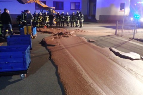 Choc-a-block: Liquid chocolate leak envelops German street
