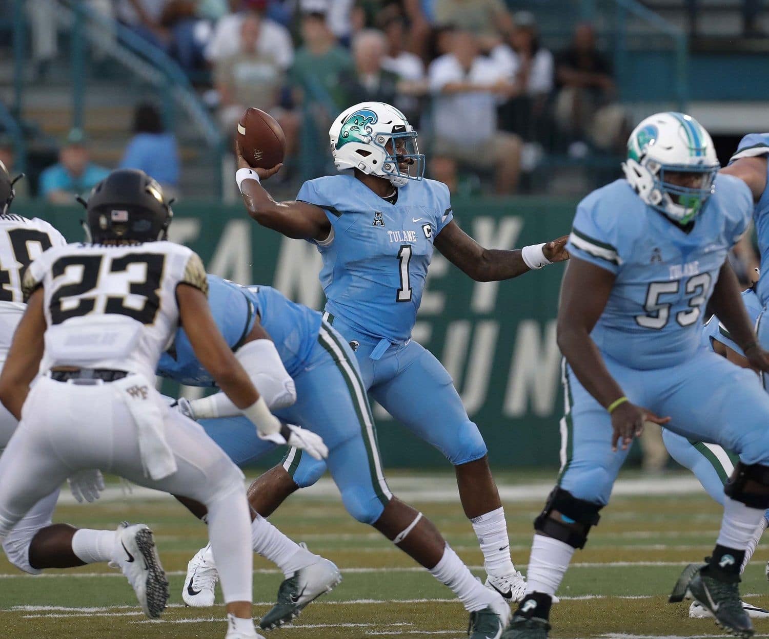 Tulane quarterback Jonathan Banks throws a pass during the first half of an NCAA college football game against Wake Forest in New Orleans on Thursday, Aug. 30, 2018. (AP Photo/Veronica Dominach)