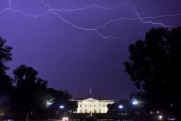 Spider lightning streaks across the sky above the White House on Sept. 7, 2018. The drenching storms unloaded 2.89 inches of rain on the District in just a few hours, making that Friday one of the wettest days of the what would eventually become wettest year ever. (WTOP/Dave Dildine)