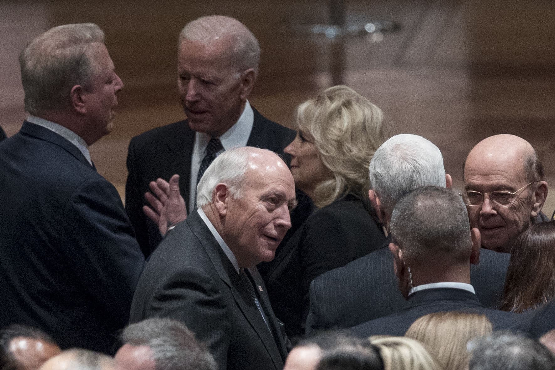 Former Vice President Al Gore (L), speaks with former Vice President Joe Biden (2nd-L), and his wife Jill Biden (C), as former Vice President Dick Cheney, bottom center, speaks with Commerce Secretary Wilbur Ross, right, before a State Funeral for former President George H.W. Bush at the National Cathedral, December 5, 2018 in Washington, DC. President Bush will be buried at his final resting place at the George H.W. Bush Presidential Library at Texas A&amp;M University in College Station, Texas. A WWII combat veteran, Bush served as a member of Congress from Texas, ambassador to the United Nations, director of the CIA, vice president and 41st president of the United States. (Photo by Andrew Harnik-Pool/Getty  Images)