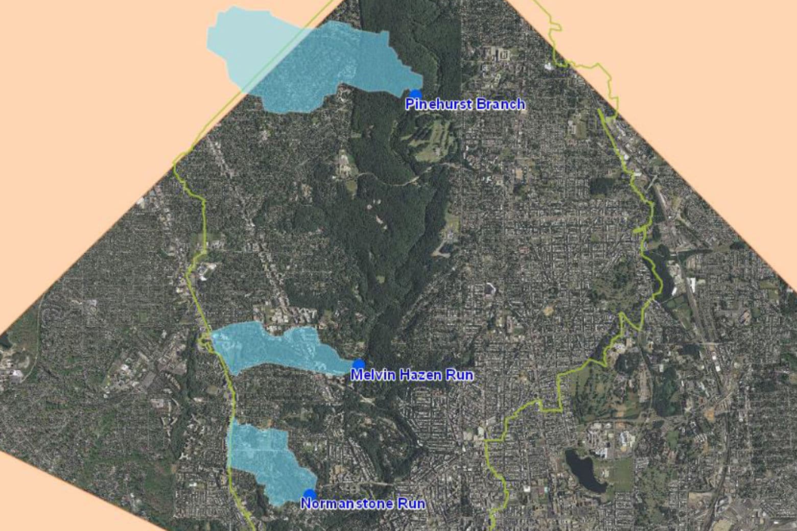 Map of ANS' three DC monitoring sites and their contributing watersheds. Basemap imagery from D.C. Office of the Chief of Technology Officer (OCTO) | DC GIS. (Courtesy ANS)