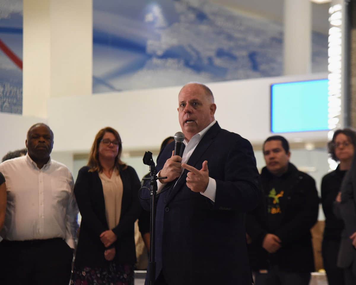Larry Hogan addressing unpaid federal workers at BWI Marshall Airport Jan. 24. (Courtesy Maryland governor's office)