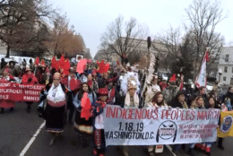Activists proceed Friday during the Indigenous Peoples March. (Screengrab courtesy Lakota People's Law Project)