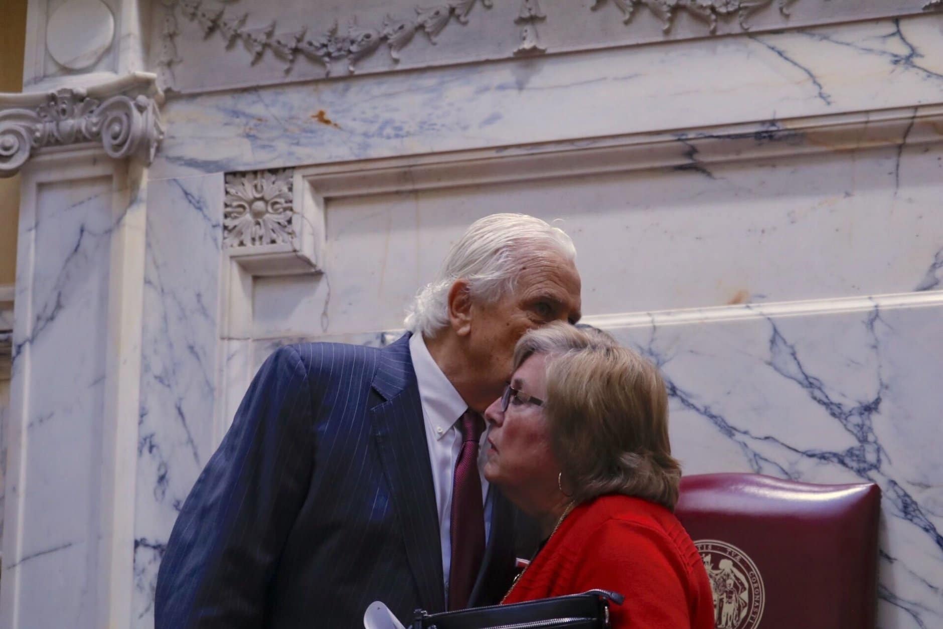 Mike Miller with Senator Nancy King after his announcement on the floor of the Senate. (WTOP/Kate Ryan)