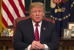 In this image from video, President Donald Trump speaks during a televised address from the Oval Office of the White House in Washington on Tuesday, Jan. 8, 2019. (Pool Photo via AP)