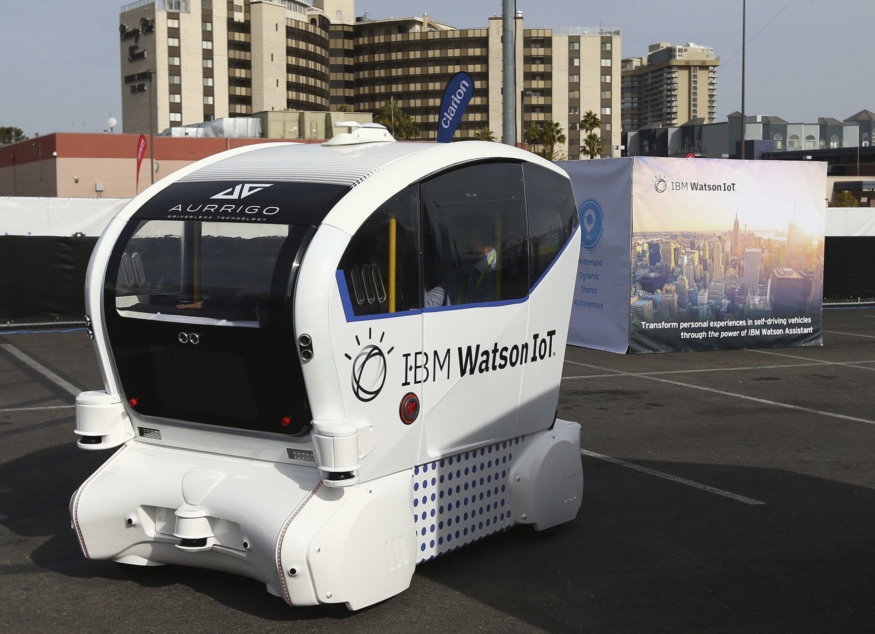 The IBM Watson IoT autonomous pod with Aurrigo Tech is voice-controlled on a closed course at CES International, Tuesday, Jan. 8, 2019, in Las Vegas. (AP Photo/Ross D. Franklin)