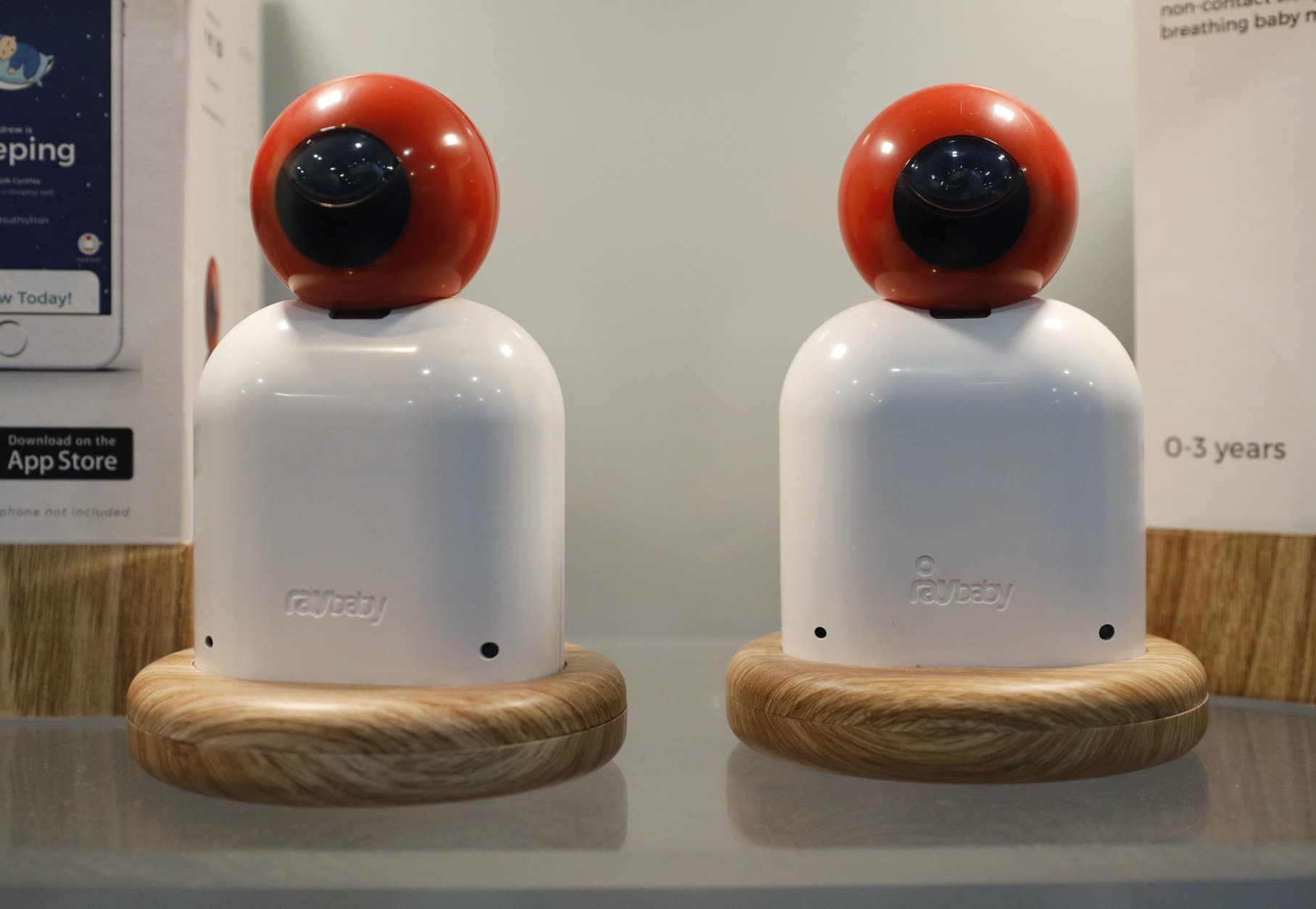 Raybaby baby sleep and breathing monitors are on display at the Raybaby booth at CES International, Wednesday, Jan. 9, 2019, in Las Vegas. (AP Photo/John Locher)