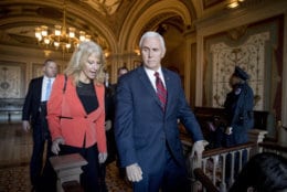 Vice President Mike Pence and counselor to the President Kellyanne Conway leave Pence's office off the Senate floor in the Capitol building, Thursday, Jan. 10, 2019, in Washington. (AP Photo/Andrew Harnik)