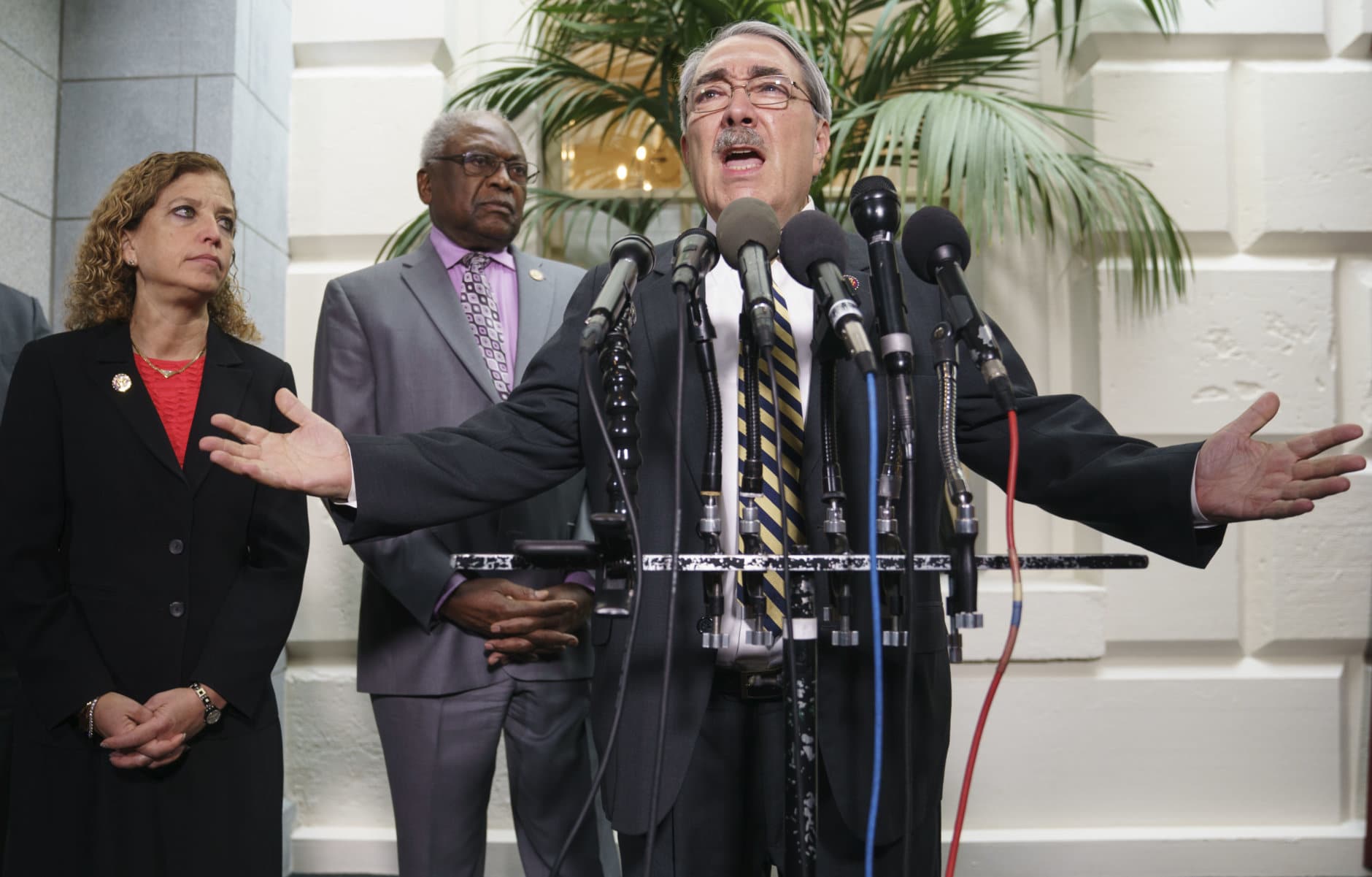 Rep. G.K. Butterfield, D-N.C., joined by House Majority Whip James Clyburn, D-S.C., center, and Rep. Debbie Wasserman Schultz, D-Fla., left, speaks during a news conference on Capitol Hill in Washington, Thursday, Jan. 17, 2019, following weekly Whip meeting. (AP Photo/Carolyn Kaster)