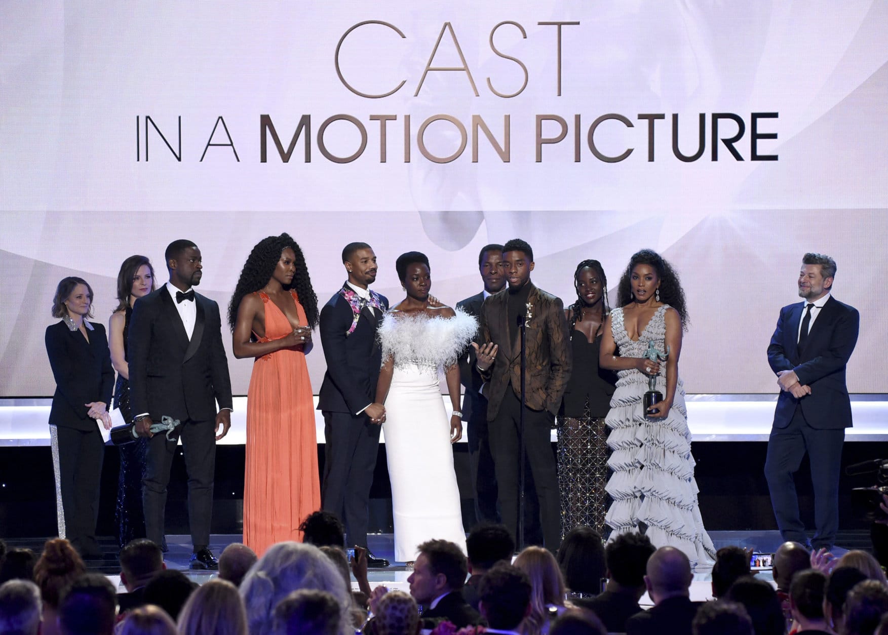 The cast of "Black Panther," accept the award for outstanding performance by a cast in a motion picture at the 25th annual Screen Actors Guild Awards at the Shrine Auditorium &amp; Expo Hall on Sunday, Jan. 27, 2019, in Los Angeles. (Photo by Richard Shotwell/Invision/AP)