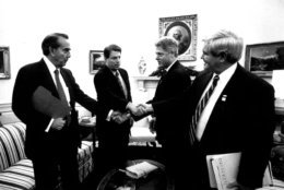 President Clinton shakes hands with Senate Majority Leader Bob Dole of Kansas and Vice President Gore shakes hands with House Speaker Newt Gingrich of Georgia during their Oval Office meeting Tuesday Dec. 19, 1995 to discuss the federal budget impasse. Budget talks collapsed Wednesday after President Clinton scuttled an Oval office meeting with Republican leaders and accused "the most extreme" House Republicans of reneging on a deal that could have ended the government's partial shutdown. (AP Photo/White House)