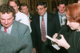 White House Chief of Staff Leon Panetta walks through the Capitol amid reporters Thursday Dec. 21, 1995 after budget talks broke up for the day. Bipartisan budget talks sprang back to life Thursday, but Democrats threatened to cut them off again if Republicans don't swiftly send President Clinton a bill ending the six-day government shutdown.(AP Photo/Wilfredo Lee)