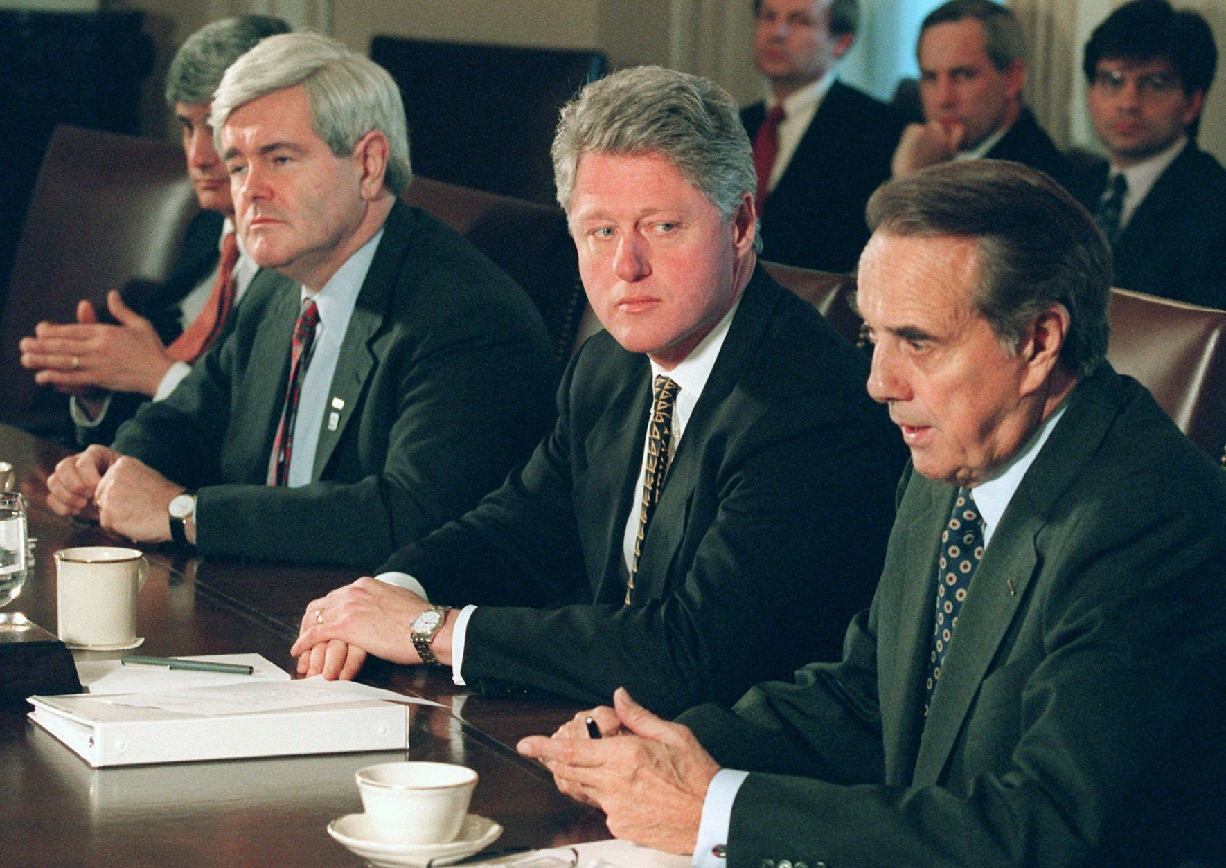 President Clinton meets with Republican congressional leaders at the White House Friday Dec. 29, 1995 to discuss the federal budget impasse. From left to right are Treasury Secreatry Robert Rubin, House Speaker Newt Gingrich, Clinton and Senate Majority Leader Bob Dole of Kansas. (AP Photo/Wilfredo Lee)