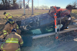 One person is in a hospital after their vehicle went over a bridge on Interstate 66 Monday morning. (Courtesy Arlington County Fire Department)