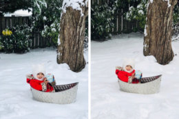 This proud dad shared photos of baby Teah's "first snow experience" in Herndon, Virginia. (Courtesy Tinks Bhattarai)
