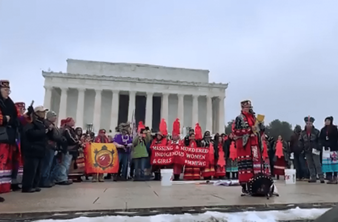 Participants in Friday's Indigenous Peoples March gathered near the Lincoln Memorial. (Screengrab courtesy Lakota People's Law Project)