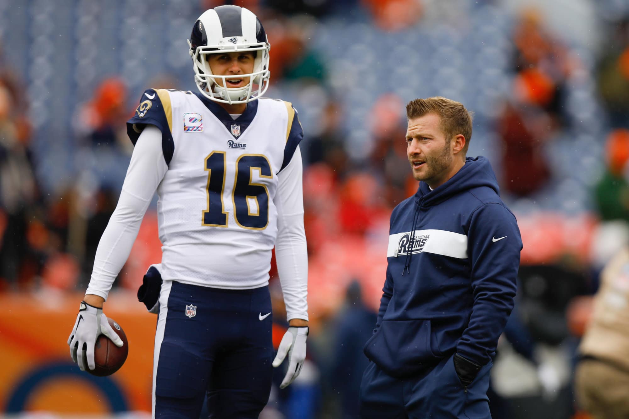 DENVER, CO - OCTOBER 14:  Quarterback Jared Goff #16 of the Los Angeles Rams talks with head coach Sean McVay before a game against the Denver Broncos at Broncos Stadium at Mile High on October 14, 2018 in Denver, Colorado. (Photo by Justin Edmonds/Getty Images)
