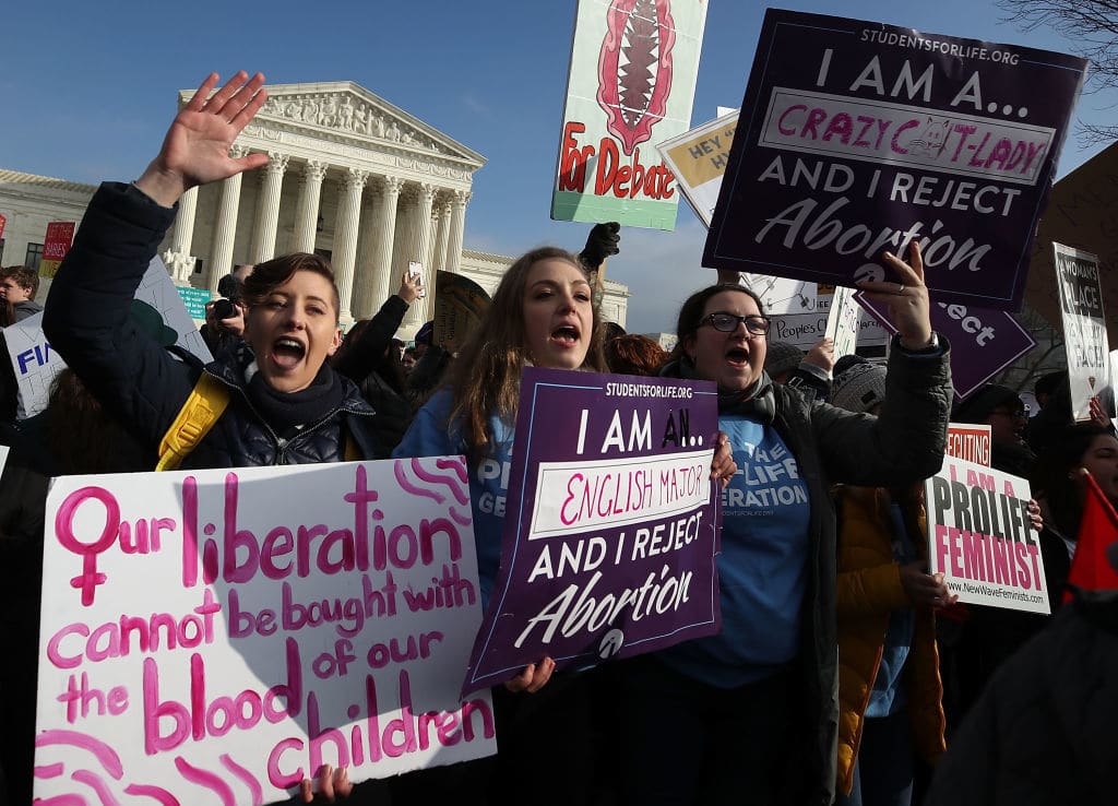 WASHINGTON, DC - JANUARY 18:  Protesters gather in front of the U.S. Supreme Court building during the Right To Life March on January 18, 2019 in Washington, DC. The Right to Life Campaign held its annual March For Life rally and march to the U.S. Supreme Court protesting the high court's 1973 Roe V. Wade decision making abortion legal.  (Photo by Mark Wilson/Getty Images)