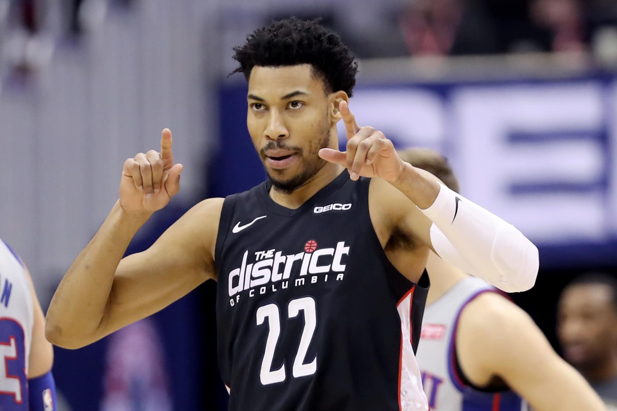 WASHINGTON, DC - JANUARY 21: Otto Porter Jr. #22 of the Washington Wizards celebrates after hitting a three pointer against the Detroit Pistons in the first half at Capital One Arena on January 21, 2019 in Washington, DC. NOTE TO USER: User expressly acknowledges and agrees that, by downloading and or using this photograph, User is consenting to the terms and conditions of the Getty Images License Agreement. (Photo by Rob Carr/Getty Images)