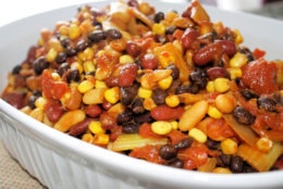 Homemade Vegetarian chili in a casserole dish - healthy and nutritious