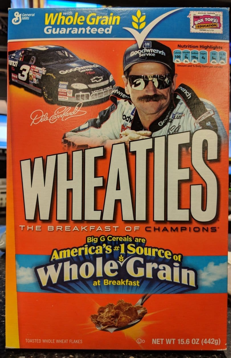 Check it out: A box of Wheaties featuring the late NASCAR legend Dale Earnhardt.  (WTOP/Jack Pointer)