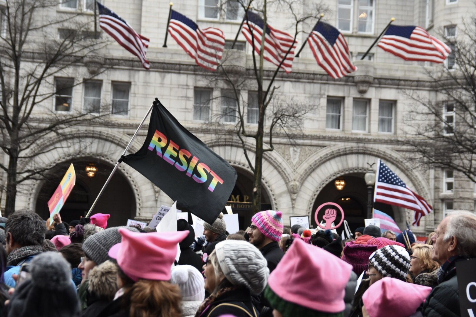 The 2019 Women’s March passed directly in front of the Trump International Hotel — a common site for protesters seeking to express their frustration and misgivings with President Trump. The half-mile march featured thousands of people, including some furloughed federal workers, advocating for women’s rights and calling for Trump’s removal from office. (WTOP/Alejandro Alvarez)
