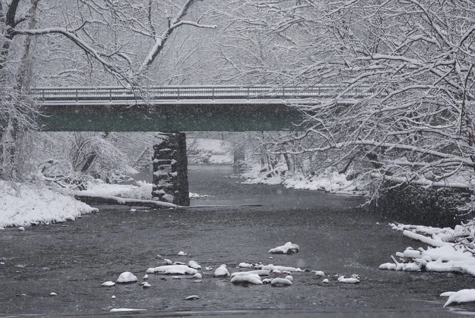 Snow falls on a bridge in Rock Creek Park. (WTOP/Dave Dildine)