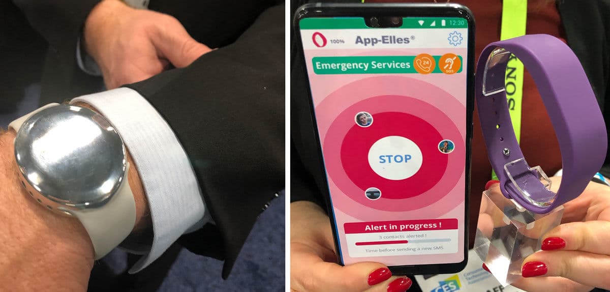 On left: Aerbetic's Eric Housh shows off a wearable device that helps track blood sugar levels. On right: App-Elles' Insaff El Hassini displays the app and wearable aimed at helping victims of violence. (WTOP/Rich Johnson)