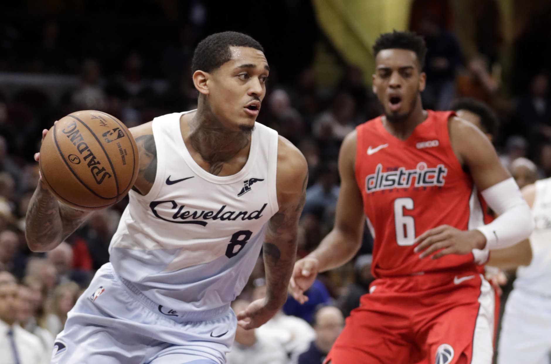 Cleveland Cavaliers' Jordan Clarkson (8) drives against the Washington Wizards in the first half of an NBA basketball game, Tuesday, Jan. 29, 2019, in Cleveland. (AP Photo/Tony Dejak)