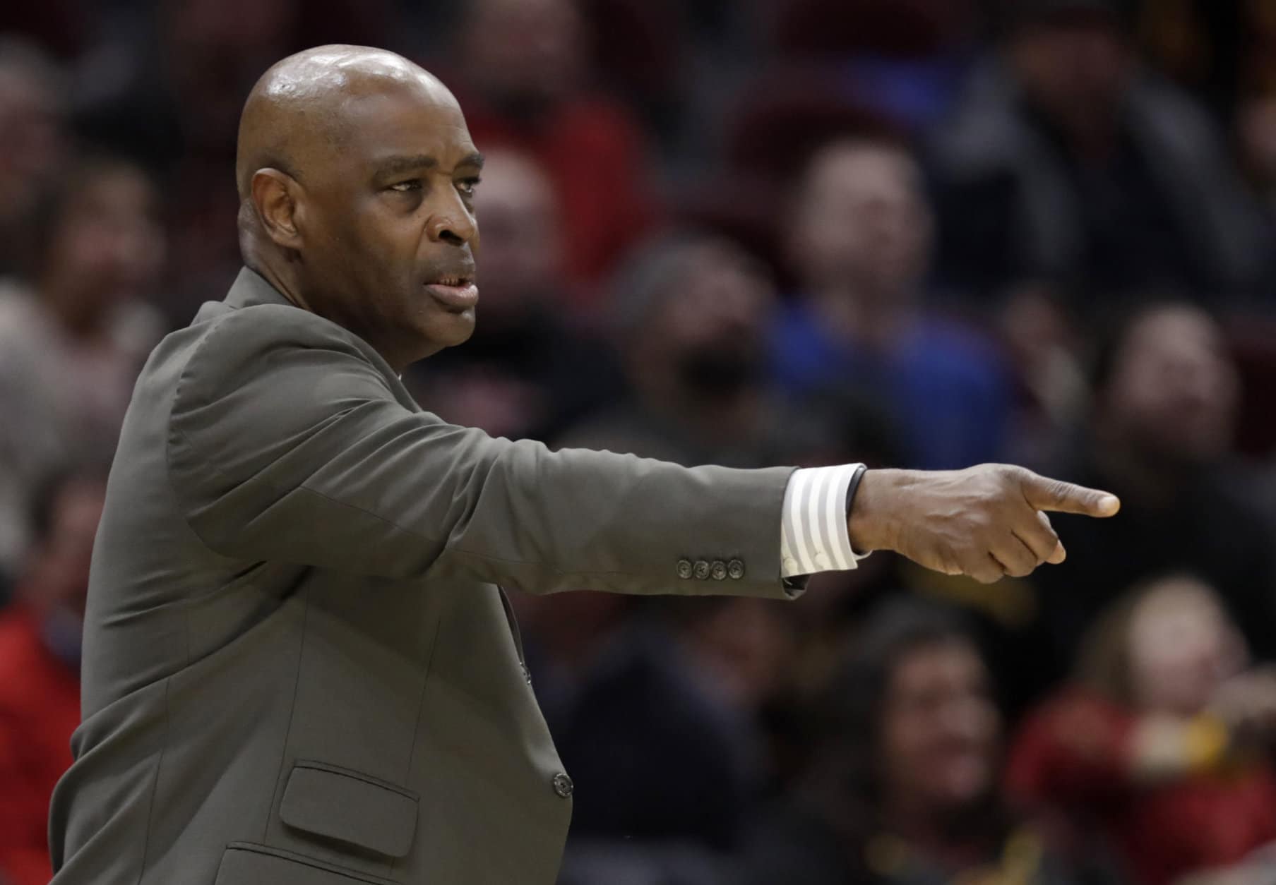 Cleveland Cavaliers coach Larry Drew yells instructions to players during the second half of the team's NBA basketball game against the Washington Wizards, Tuesday, Jan. 29, 2019, in Cleveland. The Cavaliers won 116-113. (AP Photo/Tony Dejak)