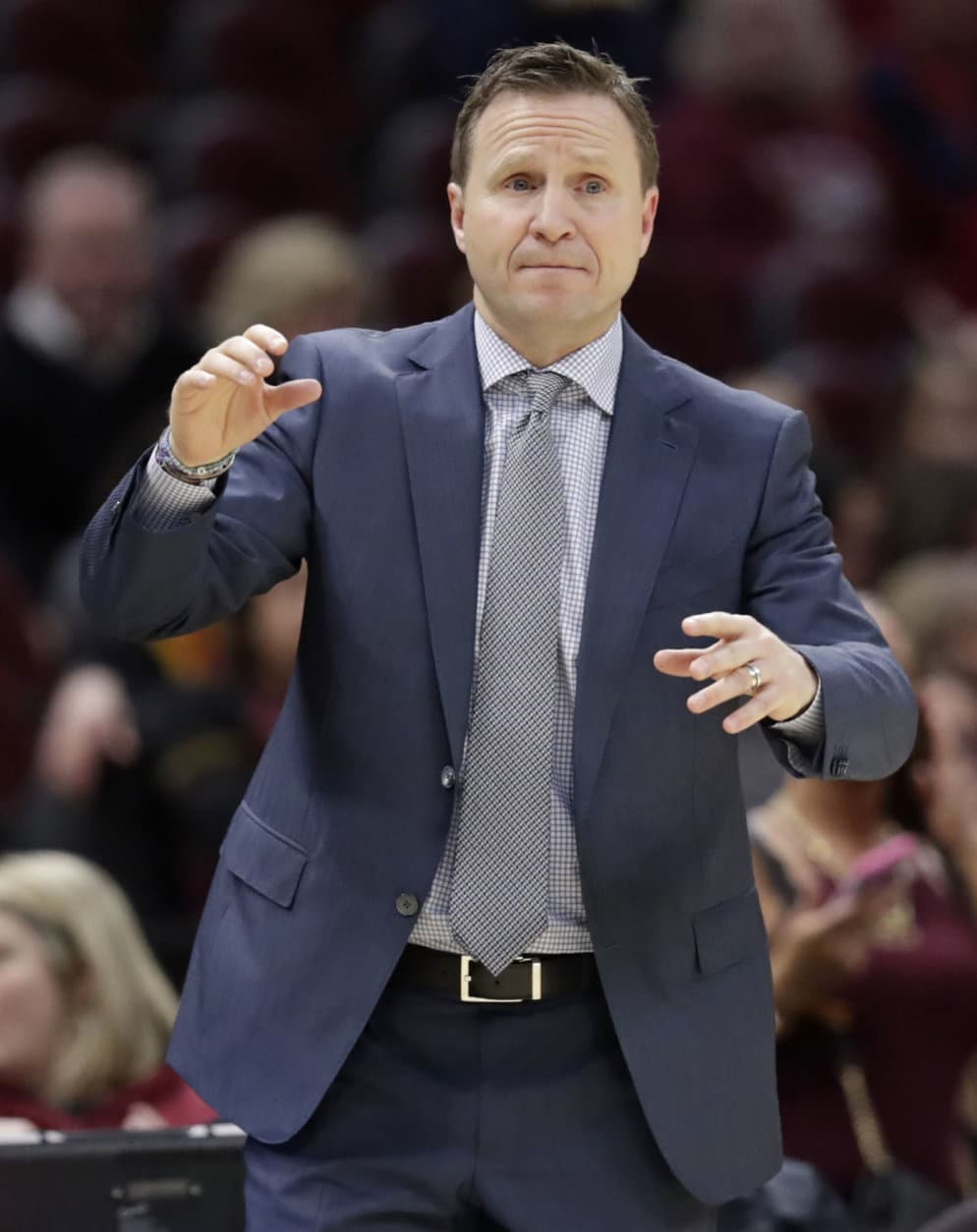 Washington Wizards coach Scott Brooks watches late in the second half of the team's NBA basketball game against the Cleveland Cavaliers, Tuesday, Jan. 29, 2019, in Cleveland. The Cavaliers won 116-113. (AP Photo/Tony Dejak)