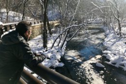 WTOP Reporter Dave Dildine looks over Broad Branch Creek where he first spotted a woman drowning on Sunday, January 13. (WTOP/Megan Cloherty)