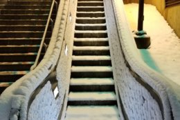 A snow-covered escalator at the College Park Metro station on Sunday morning. (Courtesy Paul Milligan)