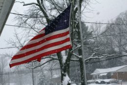 The American flag waves as snow falls in Rockville, Maryland. (Courtesy Steve Barbara)