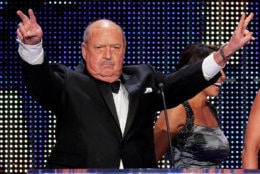 Gene "Mean Gene" Okerlund speaks during the WWE Hall of Fame Induction at the Smoothie King Center in New Orleans on Saturday, April 5, 2014. (Jonathan Bachman/AP Images for WWE)