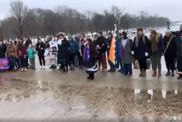 Indigenous Peoples March participants danced together during Friday's rally at the Lincoln Memorial. (Courtesy Lakota People's Law Project)