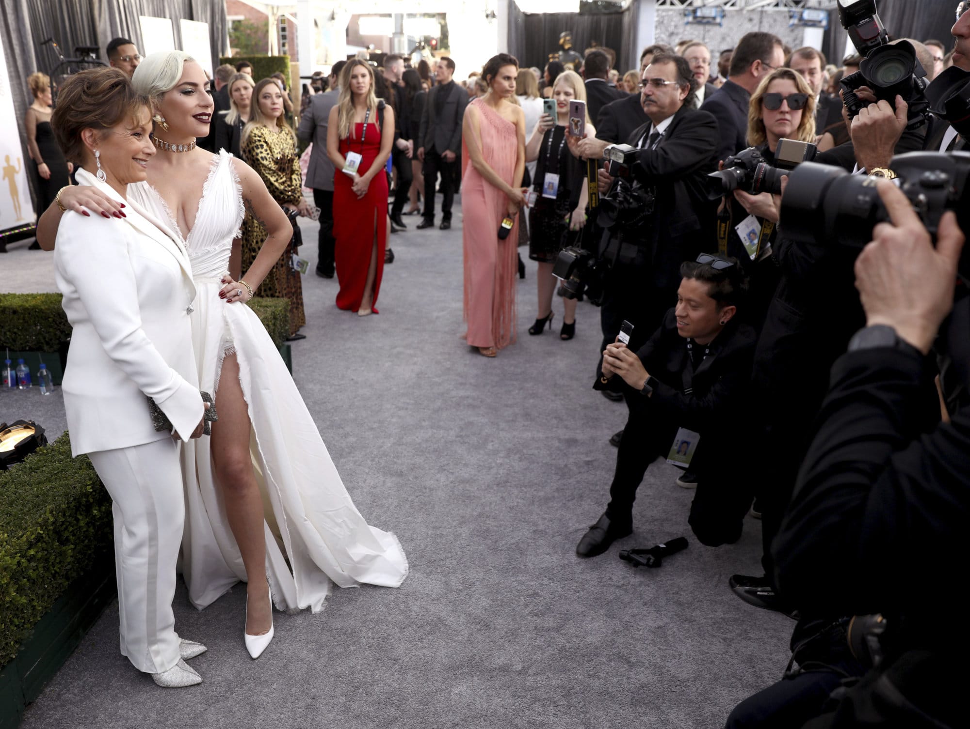 Gabrielle Carteris, executive vice president of SAG-AFTRA, left, and Lady Gaga pose at the 25th annual Screen Actors Guild Awards at the Shrine Auditorium &amp; Expo Hall on Sunday, Jan. 27, 2019, in Los Angeles. (Photo by Matt Sayles/Invision/AP)