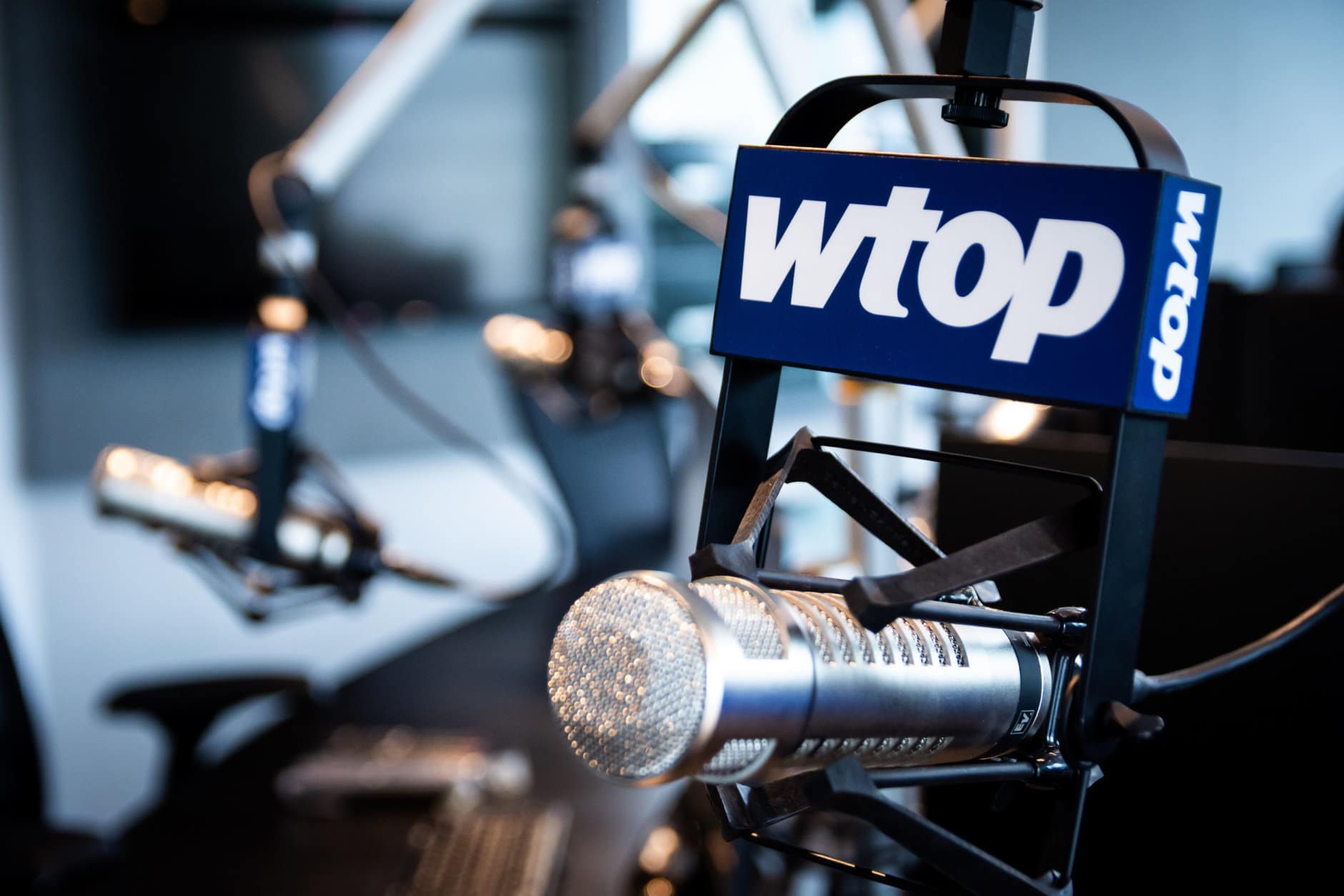 Starting in early February, WTOP's live anchoring will be produced from six microphones like this one in the new Glass-Enclosed Nerve Center. The vast majority of 5425 Wisconsin Ave.'s technology is brand-new, under construction by Minnesota-based broadcast engineering team RadioDNA since late summer of 2018. WTOP's signal strength won't be impacted by the move, since the station's transmitter will remain at nearby American University. (WTOP/Alejandro Alvarez)