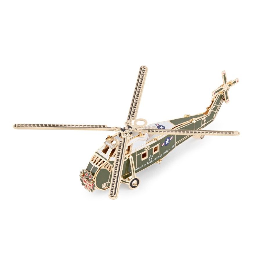 The ornament, a helicopter, plays homage to 34th president Dwight D. Eisenhower, who was the first sitting president to fly in a helicopter in 1957; he flew in both the Army and Marine Corps aircrafts. (Courtesy White House Historical Association) 

