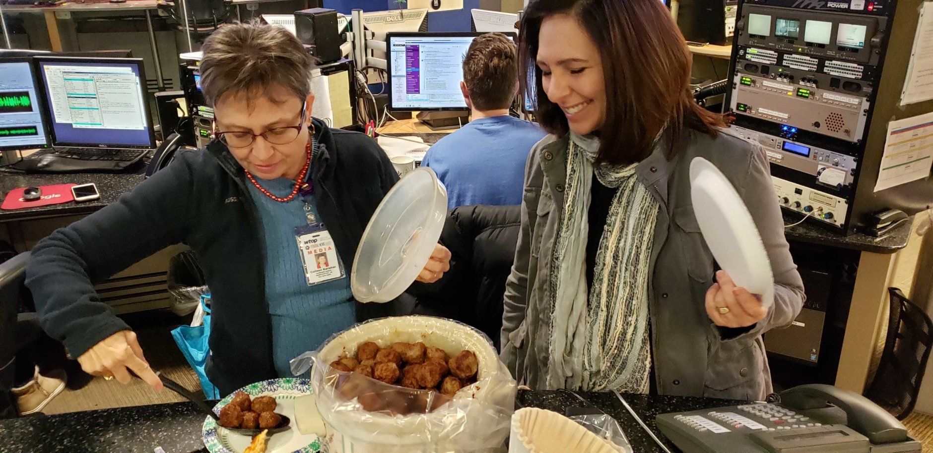 Digital editor Colleen Kelleher and morning anchor Joan Jones are ready to dig in. (WTOP/Brandon Millman) 