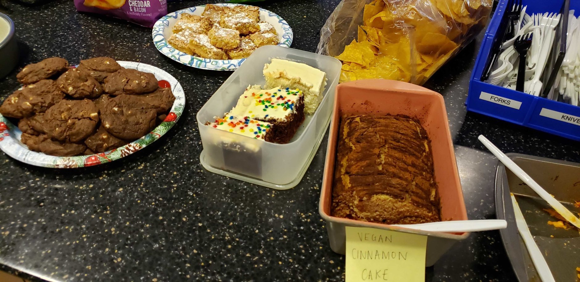 Cookies, cake and lemon bars at the football table. (WTOP/Brandon Millman) 