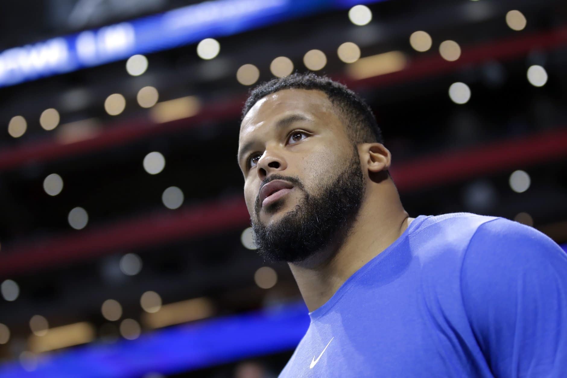 Los Angeles Rams' Aaron Donald arrives for warm-ups before the NFL Super Bowl 53 football against the New England Patriots Sunday, Feb. 3, 2019, in Atlanta. (AP Photo/Carolyn Kaster)