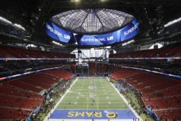 The Mercedes-Benz Stadium is prepared ahead of the NFL Super Bowl 53 football game between the Los Angeles Rams and the New England Patriots Sunday, Feb. 3, 2019, in Atlanta. (AP Photo/David Goldman)