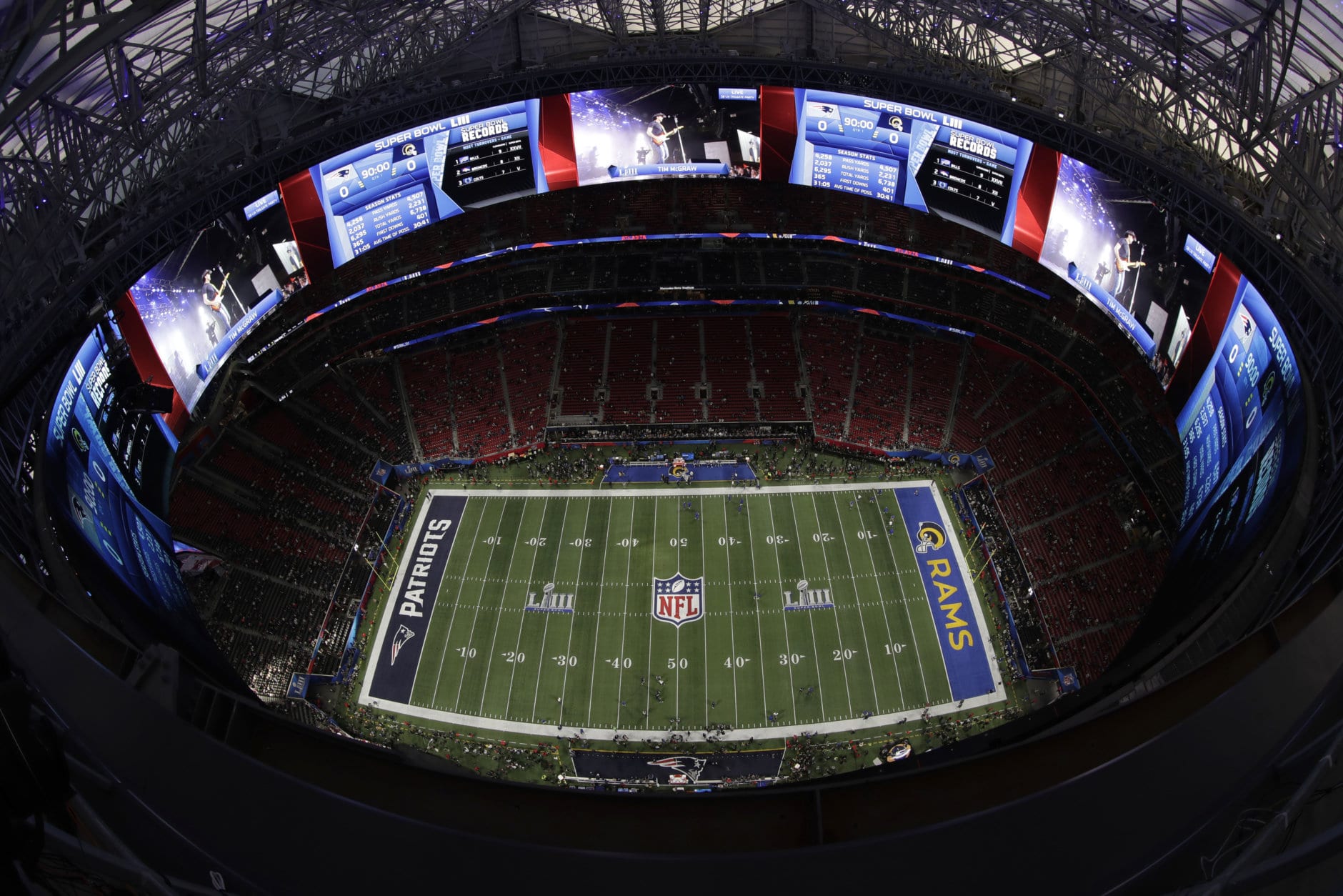 A general, overall, view of Mercedes-Benz Stadium before the NFL Super Bowl 53 football game between the Los Angeles Rams and the New England Patriots Sunday, Feb. 3, 2019, in Atlanta. (AP Photo/Morry Gash)