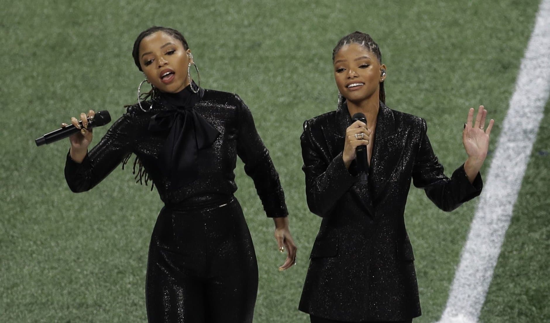 Chloe x Halle perform before the NFL Super Bowl 53 football game between the Los Angeles Rams and the New England Patriots Sunday, Feb. 3, 2019, in Atlanta. (AP Photo/Charlie Riedel)