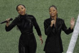 Chloe x Halle perform before the NFL Super Bowl 53 football game between the Los Angeles Rams and the New England Patriots Sunday, Feb. 3, 2019, in Atlanta. (AP Photo/Charlie Riedel)