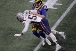New England Patriots' Kyle Van Noy (53) sacks Los Angeles Rams' Jared Goff (16) during the first half of the NFL Super Bowl 53 football game Sunday, Feb. 3, 2019, in Atlanta. (AP Photo/Charlie Riedel)