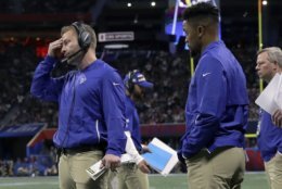 Los Angeles Rams head coach Sean McVay, left, watches from the sideline during the first half of the NFL Super Bowl 53 football game against the New England Patriots, Sunday, Feb. 3, 2019, in Atlanta. (AP Photo/Carolyn Kaster)
